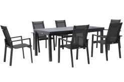 Premium Garten-Essgruppe, anthrazit/grau, Alu/Textilene, Ausziehtisch 180/240x100cm, 6 Stapelsessel Garten-Essgruppen|Aluminium-Gartenmöbel