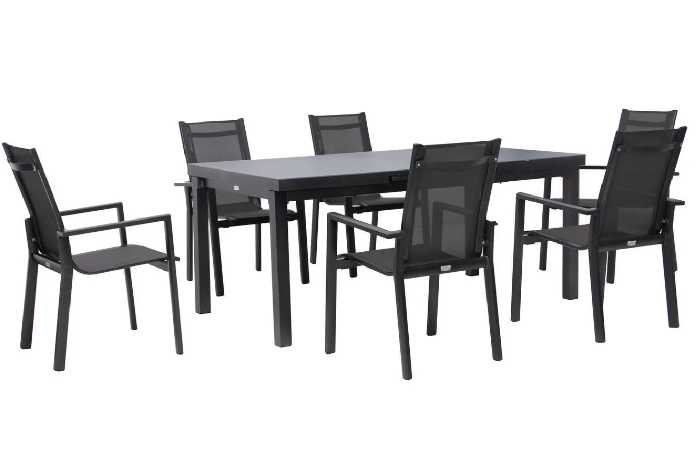 Premium Garten-Essgruppe, anthrazit/grau, Alu/Textilene, Ausziehtisch 180/240x100cm, 6 Stapelsessel Garten-Essgruppen|Aluminium-Gartenmöbel