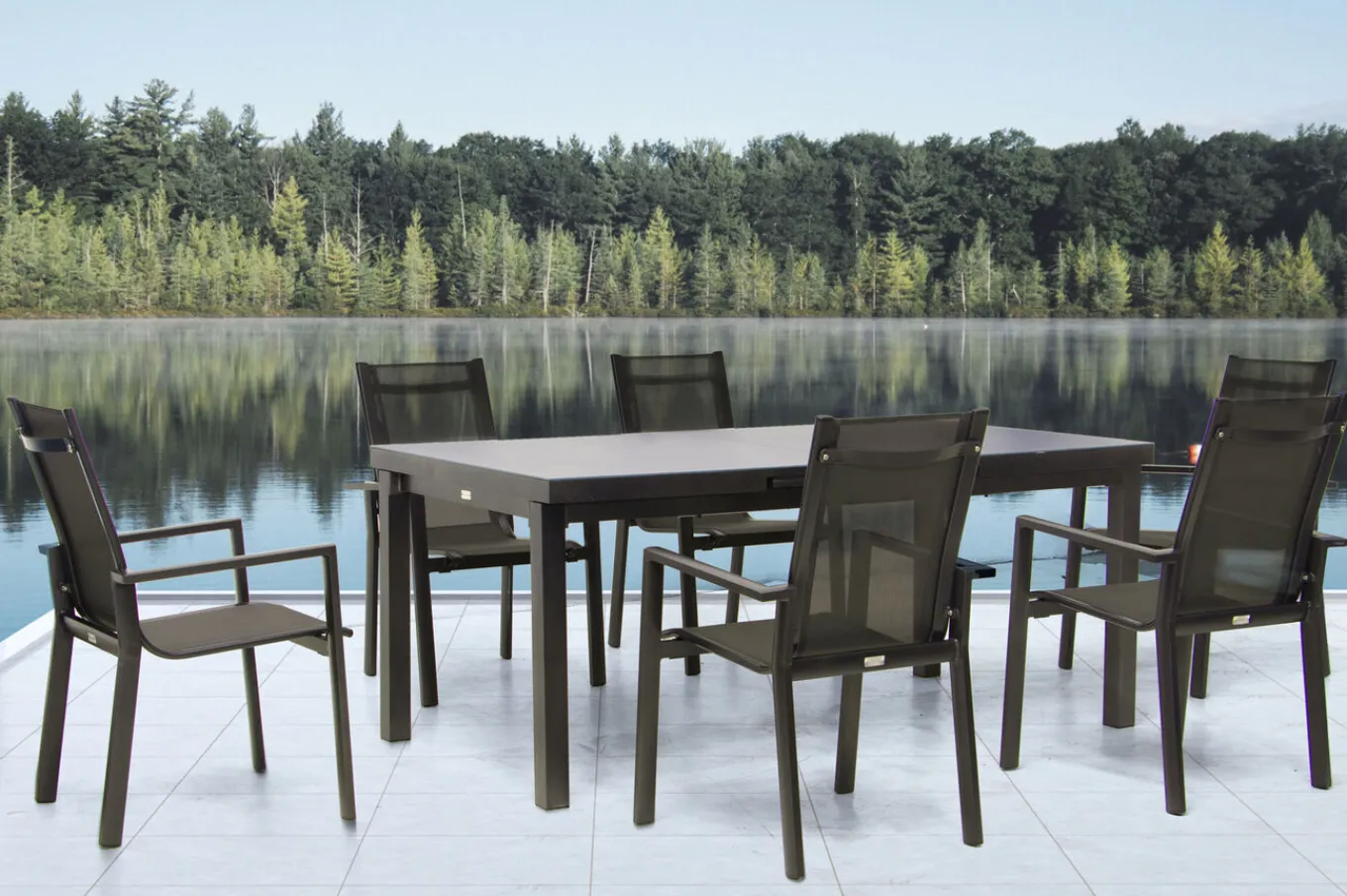 Premium Garten-Essgruppe, anthrazit/grau, Alu/Textilene, Ausziehtisch 180/240x100cm, 6 Stapelsessel Garten-Essgruppen|Aluminium-Gartenmöbel