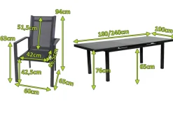 Premium Garten-Essgruppe, anthrazit/grau, Alu/Textilene, Ausziehtisch 180/240x100cm, 6 Stapelsessel Garten-Essgruppen|Aluminium-Gartenmöbel