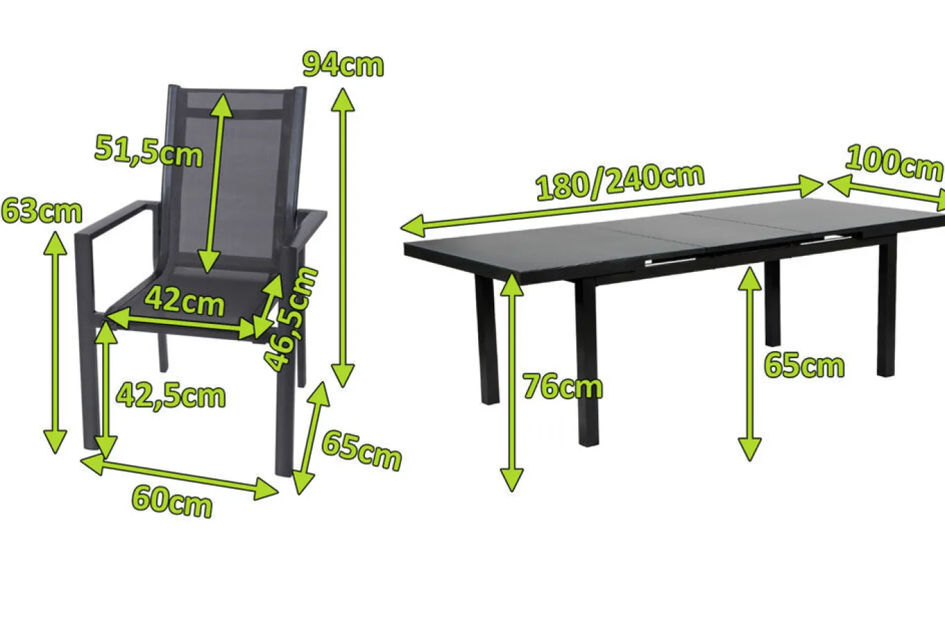 Premium Garten-Essgruppe, anthrazit/grau, Alu/Textilene, Ausziehtisch 180/240x100cm, 6 Stapelsessel Garten-Essgruppen|Aluminium-Gartenmöbel