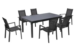 Premium Garten-Essgruppe, anthrazit/grau, Alu/Textilene, Ausziehtisch 180/240x100cm, 6 Stapelsessel Garten-Essgruppen|Aluminium-Gartenmöbel