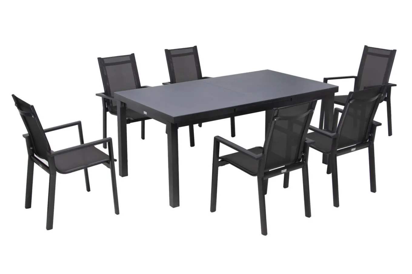 Premium Garten-Essgruppe, anthrazit/grau, Alu/Textilene, Ausziehtisch 180/240x100cm, 6 Stapelsessel Garten-Essgruppen|Aluminium-Gartenmöbel