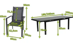 Premium Garten-Essgruppe, anthrazit/grau, Alu/Textilene, Ausziehtisch 180/240x100cm, 6 Stapelsessel Garten-Essgruppen|Aluminium-Gartenmöbel