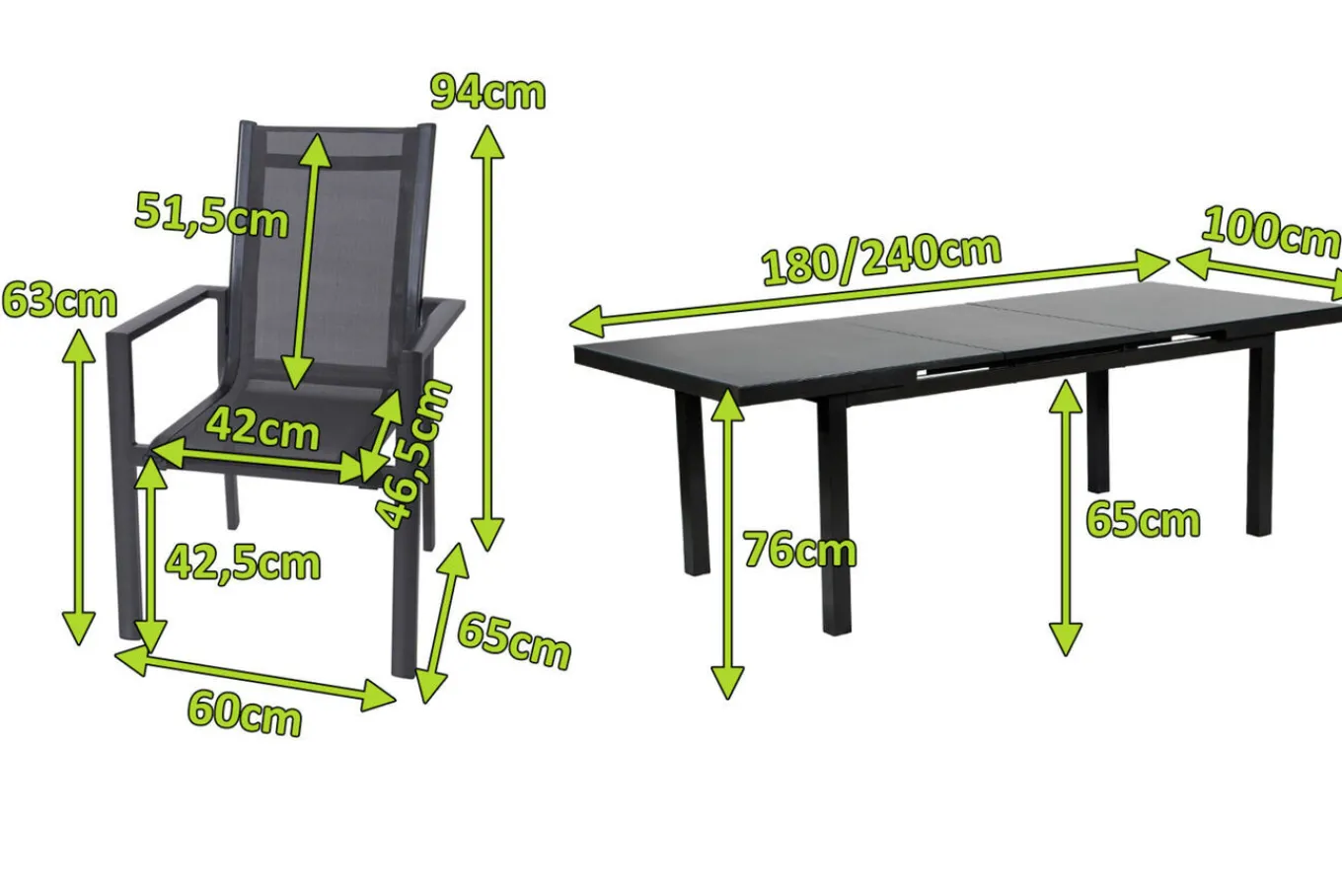 Premium Garten-Essgruppe, anthrazit/grau, Alu/Textilene, Ausziehtisch 180/240x100cm, 6 Stapelsessel Garten-Essgruppen|Aluminium-Gartenmöbel