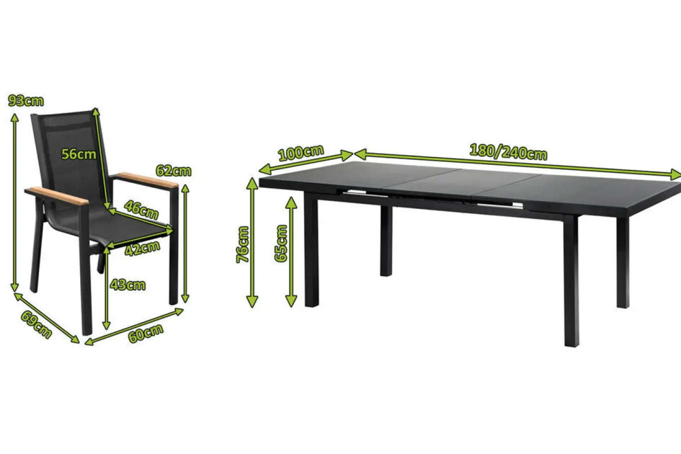 Premium Garten-Essgruppe, ® anthrazit matt, Alu / Glas / Teak, Tisch 180/240x100cm, 8 Stapelsessel Garten-Essgruppen|Aluminium-Gartenmöbel