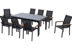 Premium Garten-Essgruppe, ® anthrazit matt, Alu / Glas / Teak, Tisch 180/240x100cm, 8 Stapelsessel Garten-Essgruppen|Aluminium-Gartenmöbel