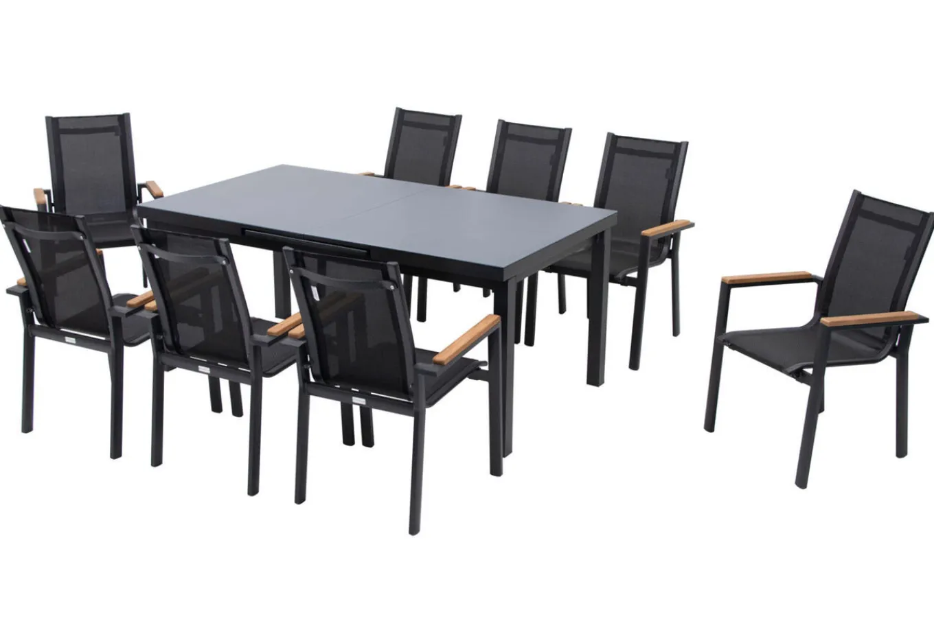 Premium Garten-Essgruppe, ® anthrazit matt, Alu / Glas / Teak, Tisch 180/240x100cm, 8 Stapelsessel Garten-Essgruppen|Aluminium-Gartenmöbel