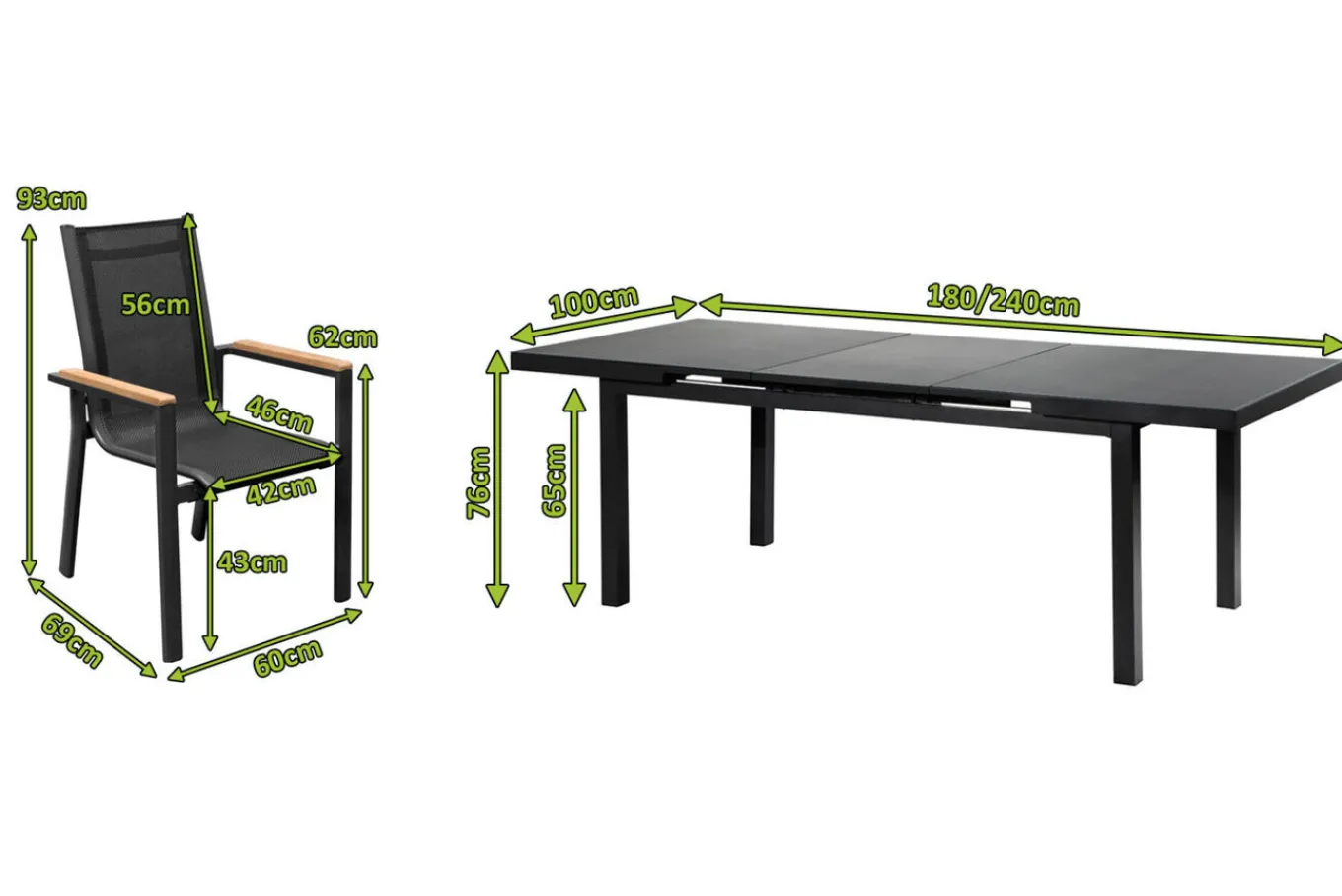 Premium Garten-Essgruppe, ® anthrazit matt, Alu / Glas / Teak, Tisch 180/240x100cm, 8 Stapelsessel Garten-Essgruppen|Aluminium-Gartenmöbel