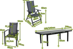 Premium Garten-Essgruppe, anthrazit/grau, Alu/Textilene, Ausziehtisch 180/240x100cm, 4 Stapel-, 2 Klappstühle Garten-Essgruppen