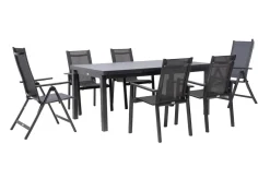 Premium Garten-Essgruppe, anthrazit/grau, Alu/Textilene, Ausziehtisch 180/240x100cm, 4 Stapel-, 2 Klappstühle Garten-Essgruppen