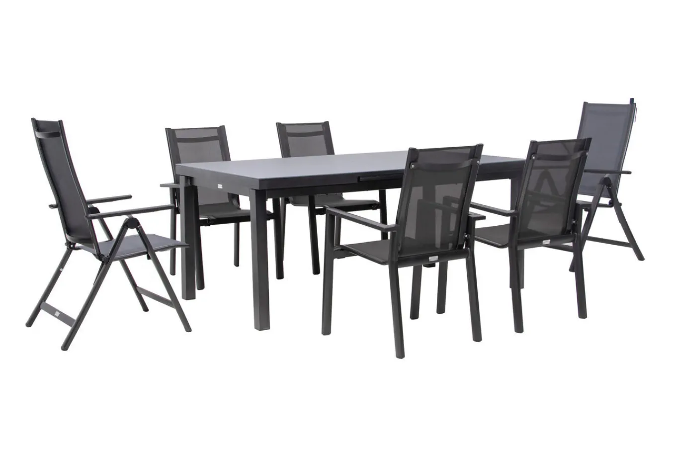 Premium Garten-Essgruppe, anthrazit/grau, Alu/Textilene, Ausziehtisch 180/240x100cm, 4 Stapel-, 2 Klappstühle Garten-Essgruppen