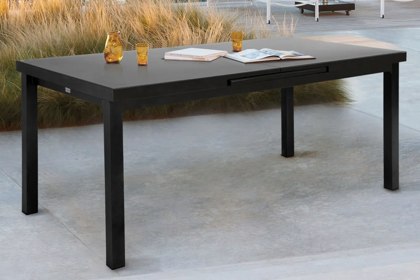 Premium Garten-Essgruppe, anthrazit/grau, Alu/Textilene, Ausziehtisch 180/240x100cm, 4 Stapel-, 2 Klappstühle Garten-Essgruppen