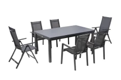 Premium Garten-Essgruppe, anthrazit/grau, Alu/Textilene, Ausziehtisch 180/240x100cm, 4 Stapel-, 2 Klappstühle Garten-Essgruppen