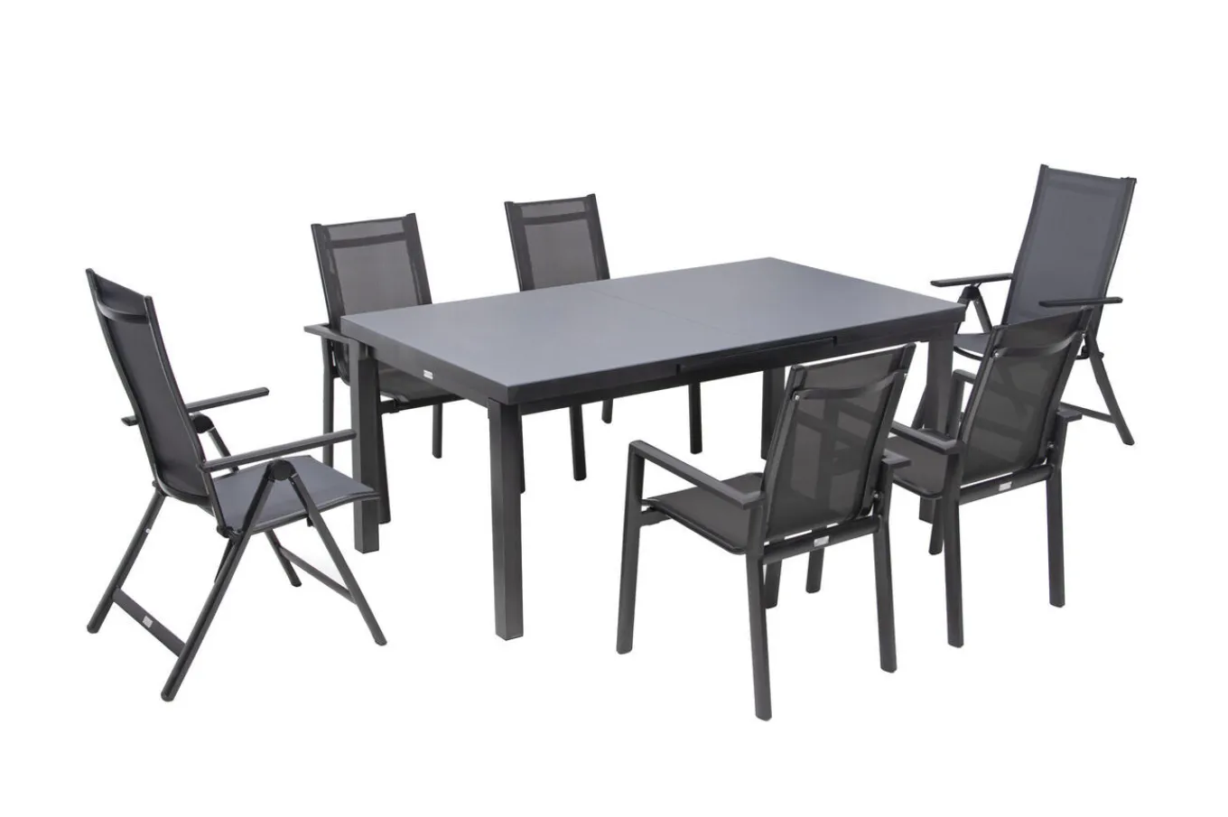 Premium Garten-Essgruppe, anthrazit/grau, Alu/Textilene, Ausziehtisch 180/240x100cm, 4 Stapel-, 2 Klappstühle Garten-Essgruppen