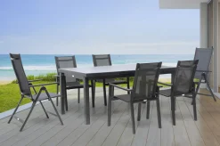 Premium Garten-Essgruppe, anthrazit/grau, Alu/Textilene, Ausziehtisch 180/240x100cm, 4 Stapel-, 2 Klappstühle Garten-Essgruppen