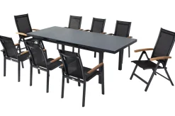 New Premium Garten-Essgruppe, ® anthrazit matt, Alu / Glas / Teak, Tisch 180/240 x 100cm, 6 Stapelsessel, 2 Klappstühle Garten-Essgruppen