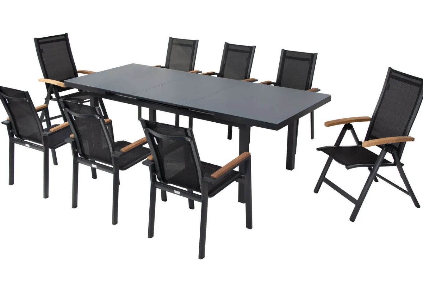 New Premium Garten-Essgruppe, ® anthrazit matt, Alu / Glas / Teak, Tisch 180/240 x 100cm, 6 Stapelsessel, 2 Klappstühle Garten-Essgruppen