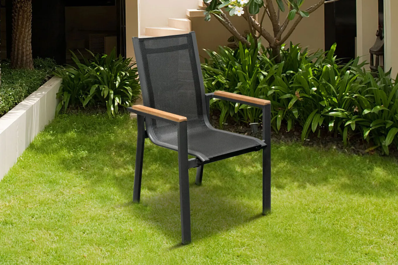 New Premium Garten-Essgruppe, ® anthrazit matt, Alu / Glas / Teak, Tisch 180/240 x 100cm, 6 Stapelsessel, 2 Klappstühle Garten-Essgruppen