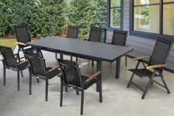 New Premium Garten-Essgruppe, ® anthrazit matt, Alu / Glas / Teak, Tisch 180/240 x 100cm, 6 Stapelsessel, 2 Klappstühle Garten-Essgruppen