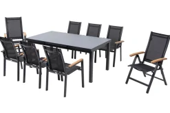 New Premium Garten-Essgruppe, ® anthrazit matt, Alu / Glas / Teak, Tisch 180/240 x 100cm, 6 Stapelsessel, 2 Klappstühle Garten-Essgruppen