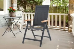 Premium Garten-Essgruppe, ® anthrazit matt, Alu / Glas / Teak, Tisch 180/240 x 100cm, 4 Stapelsessel, 2 Klappstühle Garten-Essgruppen