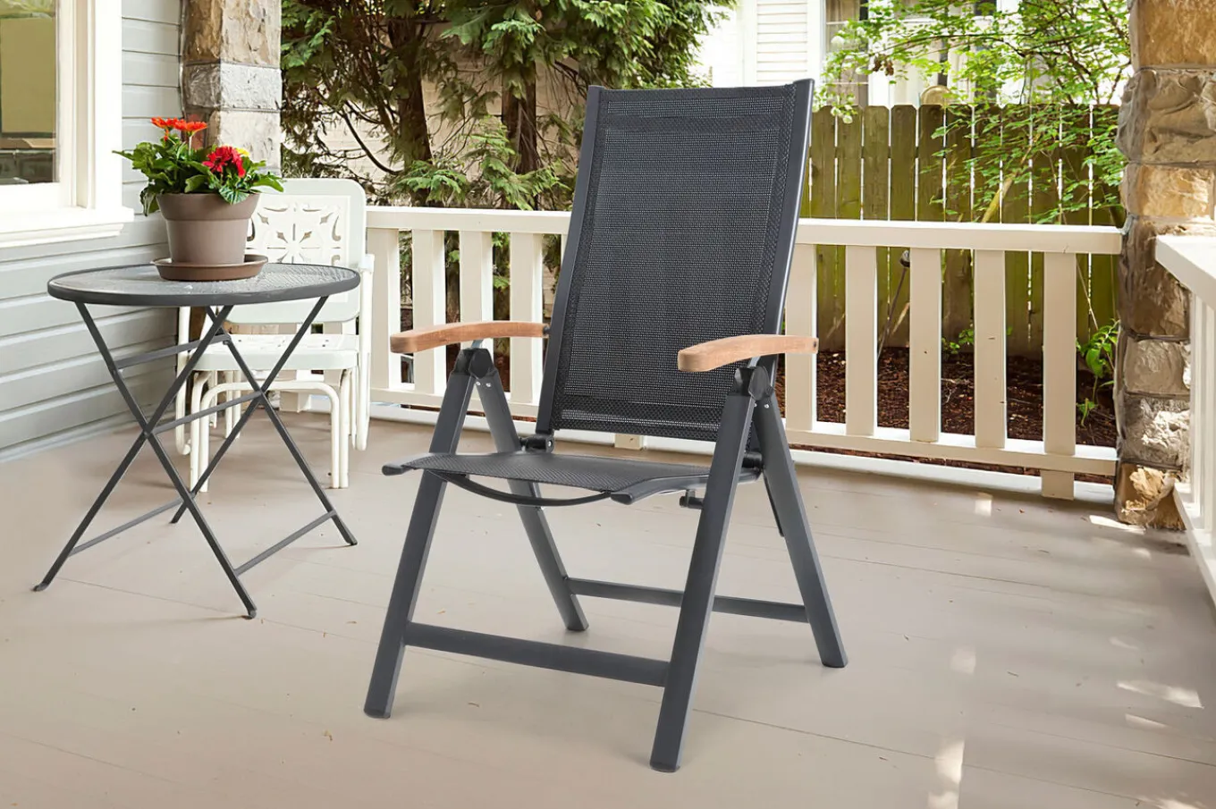 Premium Garten-Essgruppe, ® anthrazit matt, Alu / Glas / Teak, Tisch 180/240 x 100cm, 4 Stapelsessel, 2 Klappstühle Garten-Essgruppen