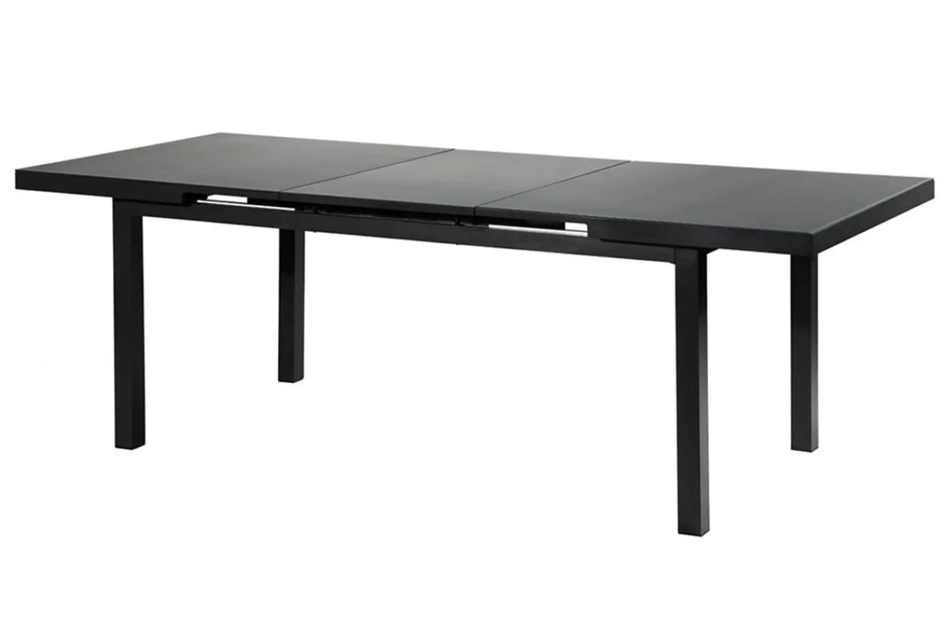 Premium Garten-Essgruppe, ® anthrazit matt, Alu / Glas / Teak, Tisch 180/240 x 100cm, 4 Stapelsessel, 2 Klappstühle Garten-Essgruppen