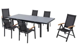 Premium Garten-Essgruppe, ® anthrazit matt, Alu / Glas / Teak, Tisch 180/240 x 100cm, 4 Stapelsessel, 2 Klappstühle Garten-Essgruppen