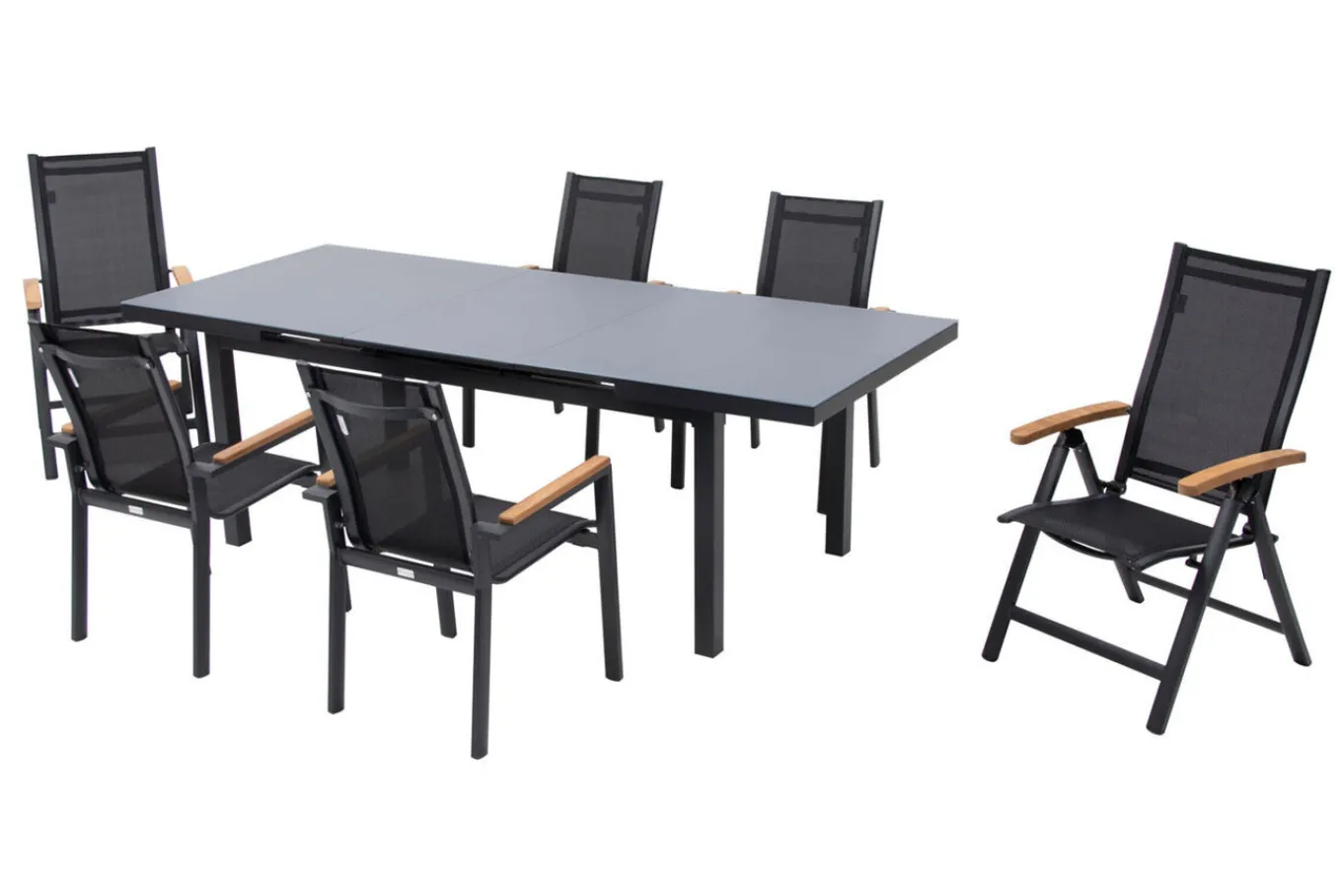Premium Garten-Essgruppe, ® anthrazit matt, Alu / Glas / Teak, Tisch 180/240 x 100cm, 4 Stapelsessel, 2 Klappstühle Garten-Essgruppen