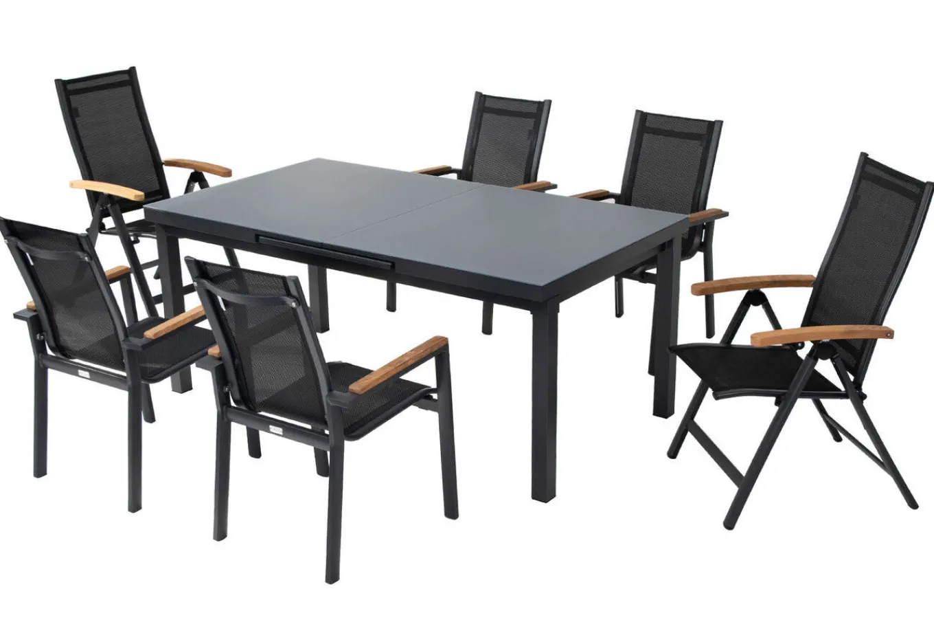 Premium Garten-Essgruppe, ® anthrazit matt, Alu / Glas / Teak, Tisch 180/240 x 100cm, 4 Stapelsessel, 2 Klappstühle Garten-Essgruppen