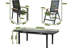 Premium Garten-Essgruppe, ® anthrazit matt, Alu / Glas / Teak, Tisch 180/240 x 100cm, 4 Stapelsessel, 2 Klappstühle Garten-Essgruppen