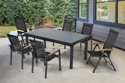Premium Garten-Essgruppe, ® anthrazit matt, Alu / Glas / Teak, Tisch 180/240 x 100cm, 4 Stapelsessel, 2 Klappstühle Garten-Essgruppen