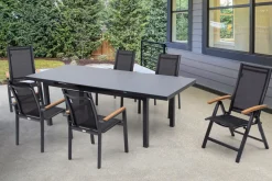 Premium Garten-Essgruppe, ® anthrazit matt, Alu / Glas / Teak, Tisch 180/240 x 100cm, 4 Stapelsessel, 2 Klappstühle Garten-Essgruppen