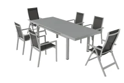 Hot Premium Garten-Essgruppe, silber/grau, Alu/Textilene, Ausziehtisch 180/240 x 100 cm, 4 Stapel-, 2 Klappstühle Garten-Essgruppen|Aluminium-Gartenmöbel