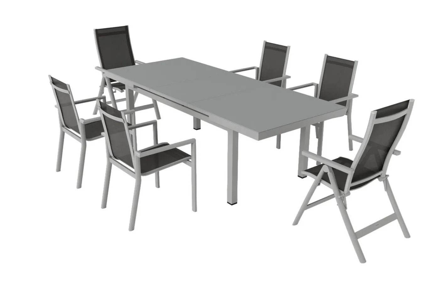 Hot Premium Garten-Essgruppe, silber/grau, Alu/Textilene, Ausziehtisch 180/240 x 100 cm, 4 Stapel-, 2 Klappstühle Garten-Essgruppen|Aluminium-Gartenmöbel
