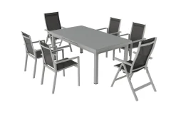 Hot Premium Garten-Essgruppe, silber/grau, Alu/Textilene, Ausziehtisch 180/240 x 100 cm, 4 Stapel-, 2 Klappstühle Garten-Essgruppen|Aluminium-Gartenmöbel