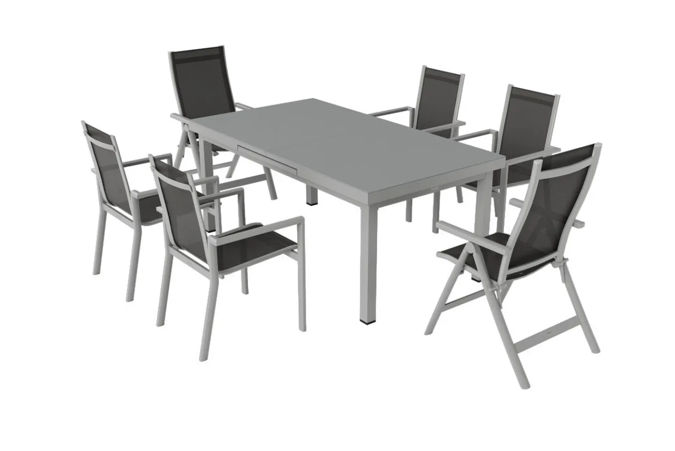 Hot Premium Garten-Essgruppe, silber/grau, Alu/Textilene, Ausziehtisch 180/240 x 100 cm, 4 Stapel-, 2 Klappstühle Garten-Essgruppen|Aluminium-Gartenmöbel