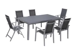 Hot Premium Garten-Essgruppe, silber/grau, Alu/Textilene, Ausziehtisch 180/240 x 100 cm, 4 Stapel-, 2 Klappstühle Garten-Essgruppen|Aluminium-Gartenmöbel
