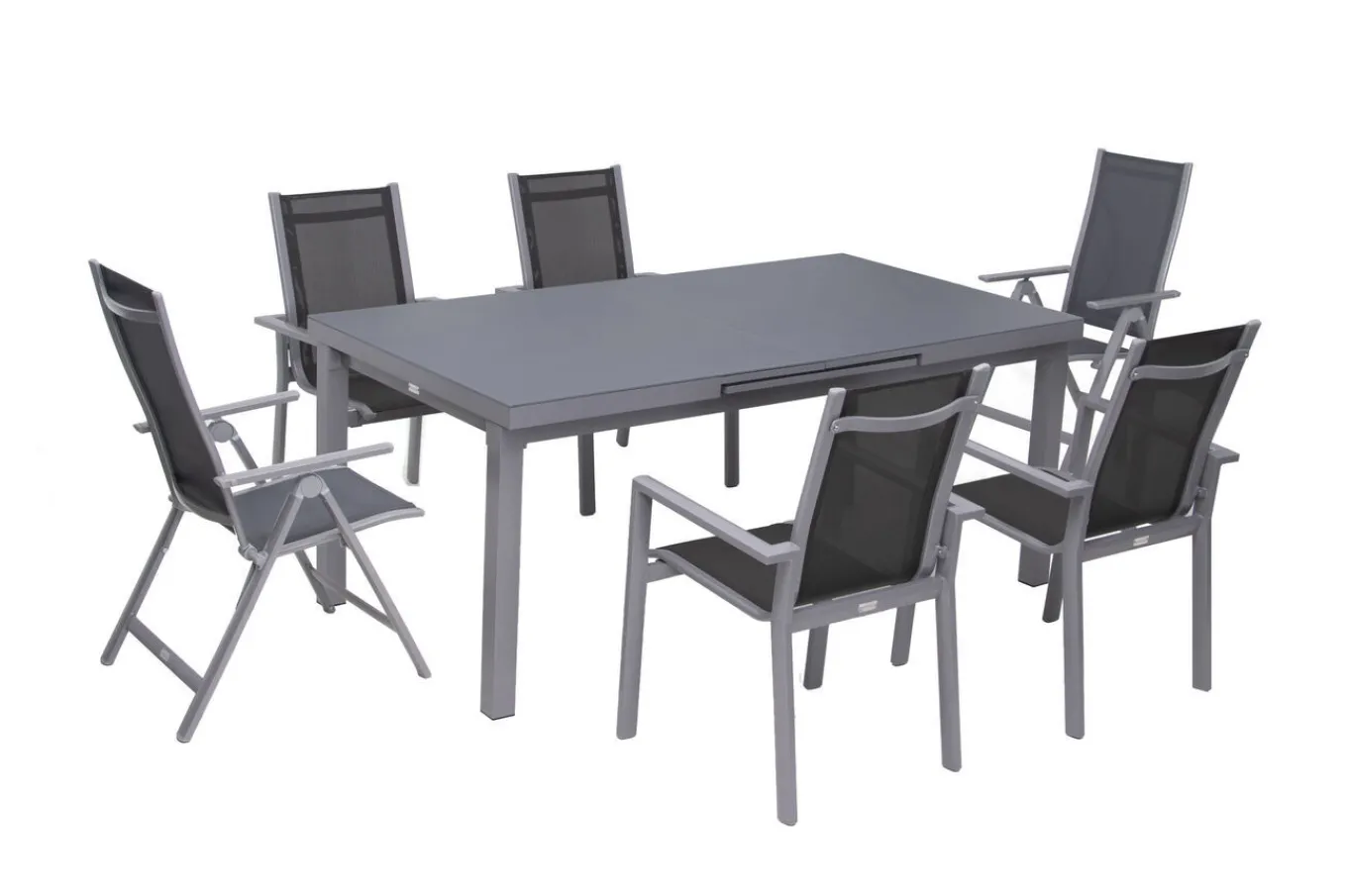 Hot Premium Garten-Essgruppe, silber/grau, Alu/Textilene, Ausziehtisch 180/240 x 100 cm, 4 Stapel-, 2 Klappstühle Garten-Essgruppen|Aluminium-Gartenmöbel