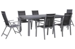 Hot Premium Garten-Essgruppe, silber/grau, Alu/Textilene, Ausziehtisch 180/240 x 100 cm, 4 Stapel-, 2 Klappstühle Garten-Essgruppen|Aluminium-Gartenmöbel