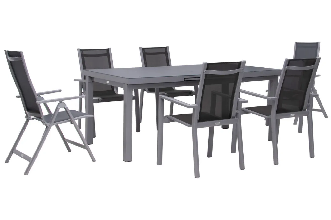 Hot Premium Garten-Essgruppe, silber/grau, Alu/Textilene, Ausziehtisch 180/240 x 100 cm, 4 Stapel-, 2 Klappstühle Garten-Essgruppen|Aluminium-Gartenmöbel