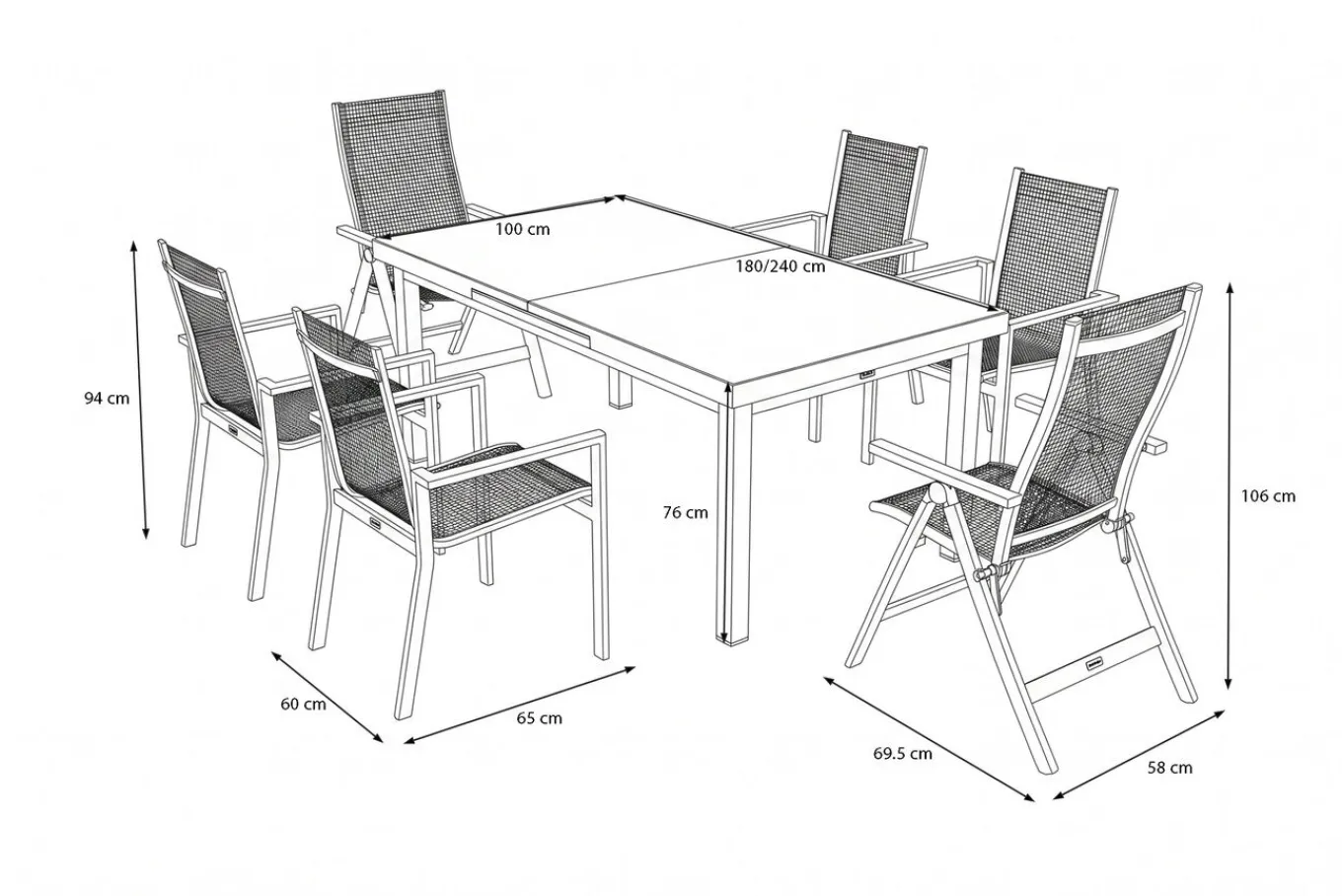 Hot Premium Garten-Essgruppe, silber/grau, Alu/Textilene, Ausziehtisch 180/240 x 100 cm, 4 Stapel-, 2 Klappstühle Garten-Essgruppen|Aluminium-Gartenmöbel