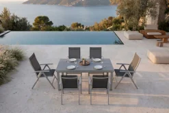 Hot Premium Garten-Essgruppe, silber/grau, Alu/Textilene, Ausziehtisch 180/240 x 100 cm, 4 Stapel-, 2 Klappstühle Garten-Essgruppen|Aluminium-Gartenmöbel