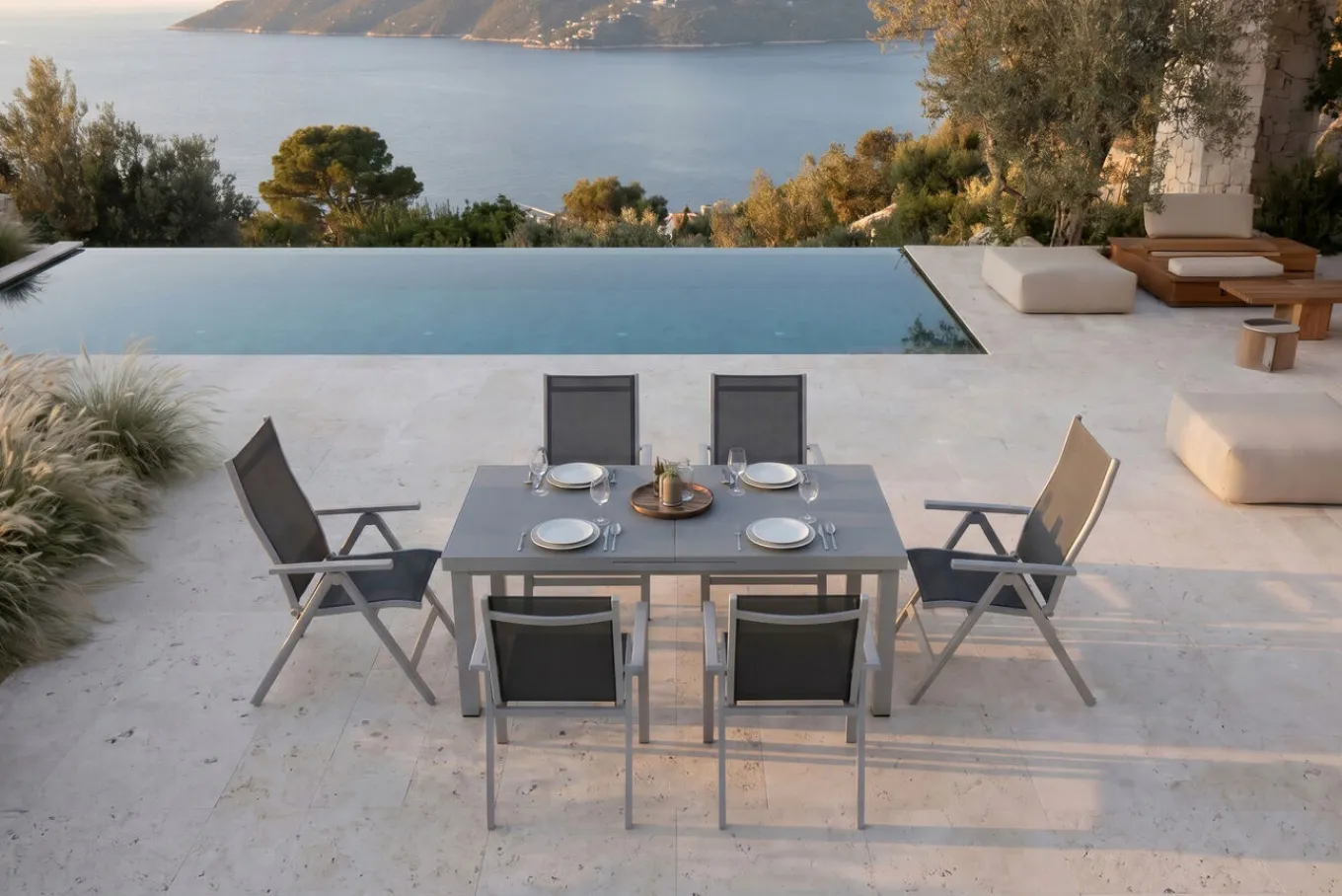 Hot Premium Garten-Essgruppe, silber/grau, Alu/Textilene, Ausziehtisch 180/240 x 100 cm, 4 Stapel-, 2 Klappstühle Garten-Essgruppen|Aluminium-Gartenmöbel