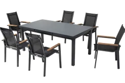 Outlet Premium Garten-Essgruppe, 6 Personen, ausziehbar, 180-240cm, Alu/Glas/Teak, Stapelsessel Garten-Essgruppen