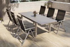 Hot Premium Garten-Essgruppe, silber/anthrazit, Alu/Textilene, Ausziehtisch 180/240 x 100 cm, 6 Klappstühle Garten-Essgruppen