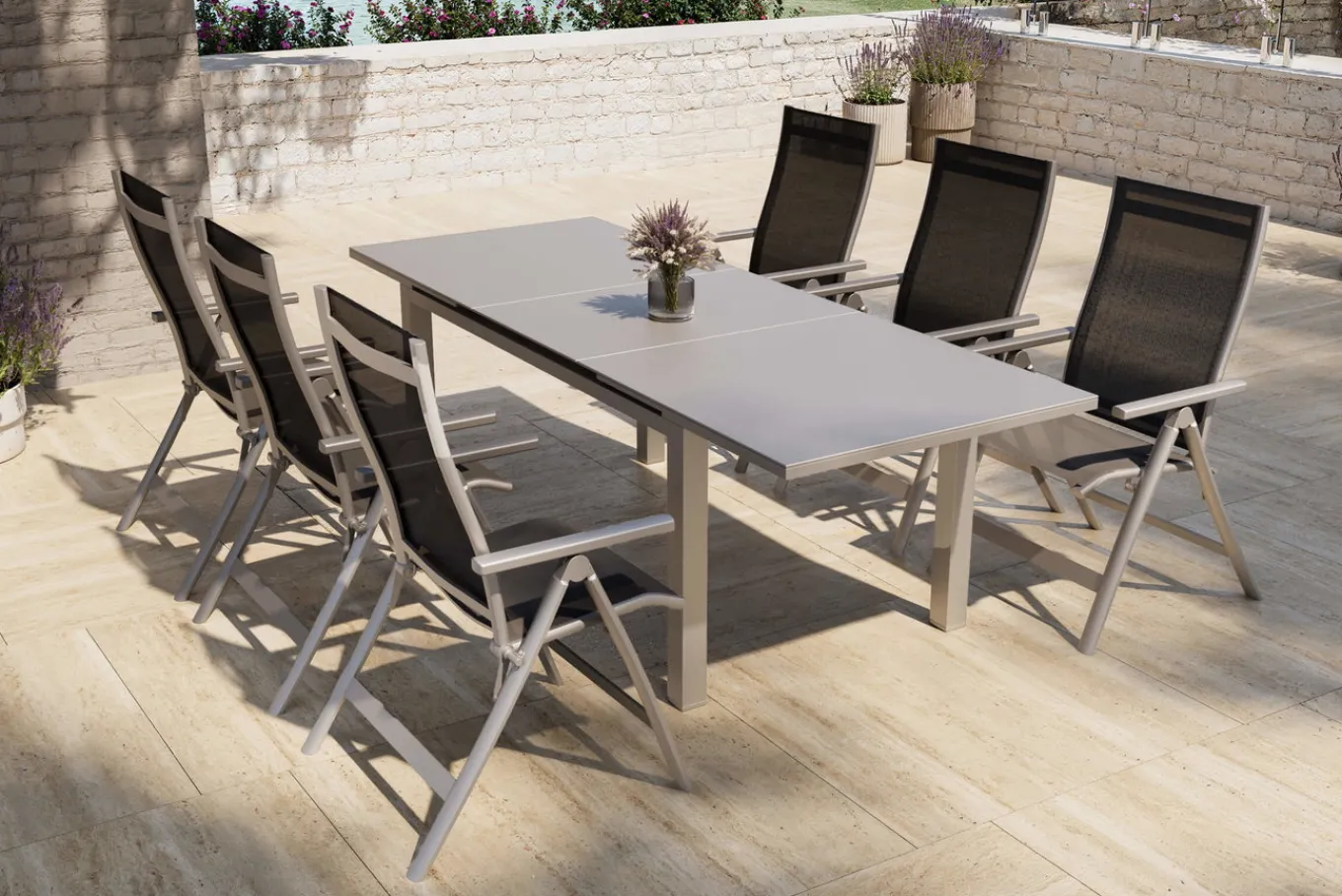 Hot Premium Garten-Essgruppe, silber/anthrazit, Alu/Textilene, Ausziehtisch 180/240 x 100 cm, 6 Klappstühle Garten-Essgruppen