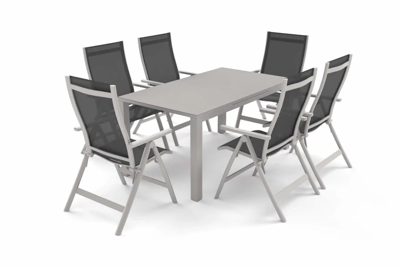 Hot Premium Garten-Essgruppe, silber/anthrazit, Alu/Textilene, Ausziehtisch 180/240 x 100 cm, 6 Klappstühle Garten-Essgruppen