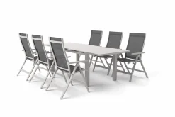 Hot Premium Garten-Essgruppe, silber/anthrazit, Alu/Textilene, Ausziehtisch 180/240 x 100 cm, 6 Klappstühle Garten-Essgruppen